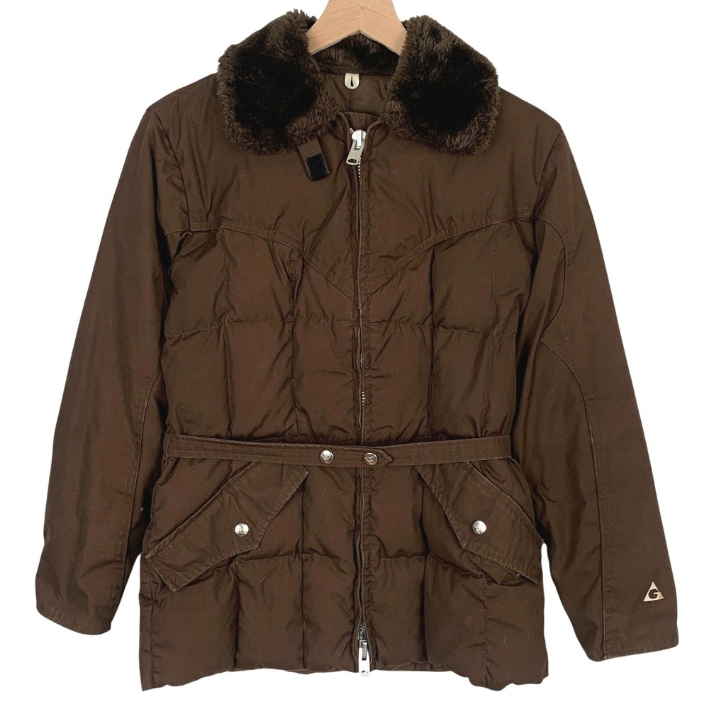 VTG GERRY Down Puffer Faux Fur Collar Belted Jacket Women's S Brown Made in USA